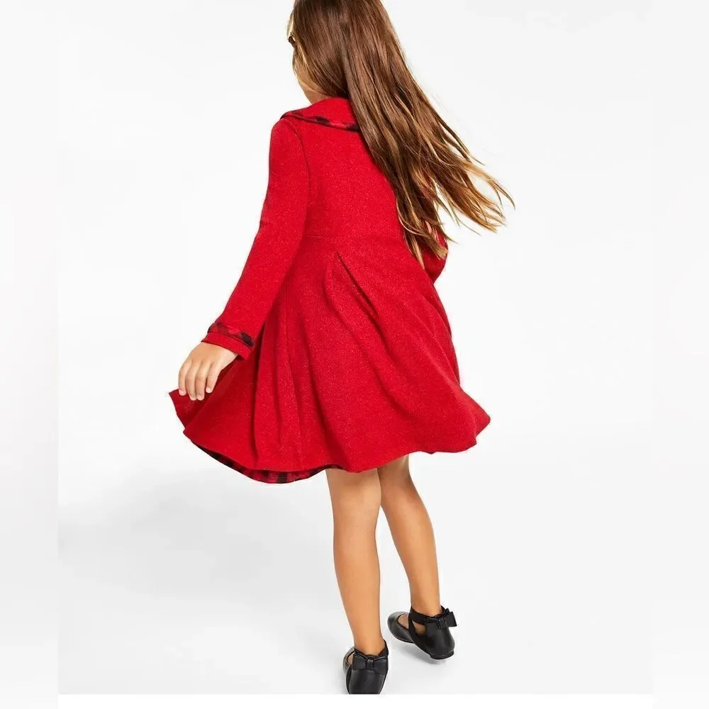 Toddler Girls Knit Coat with‎ Buffalo Check Dress Set